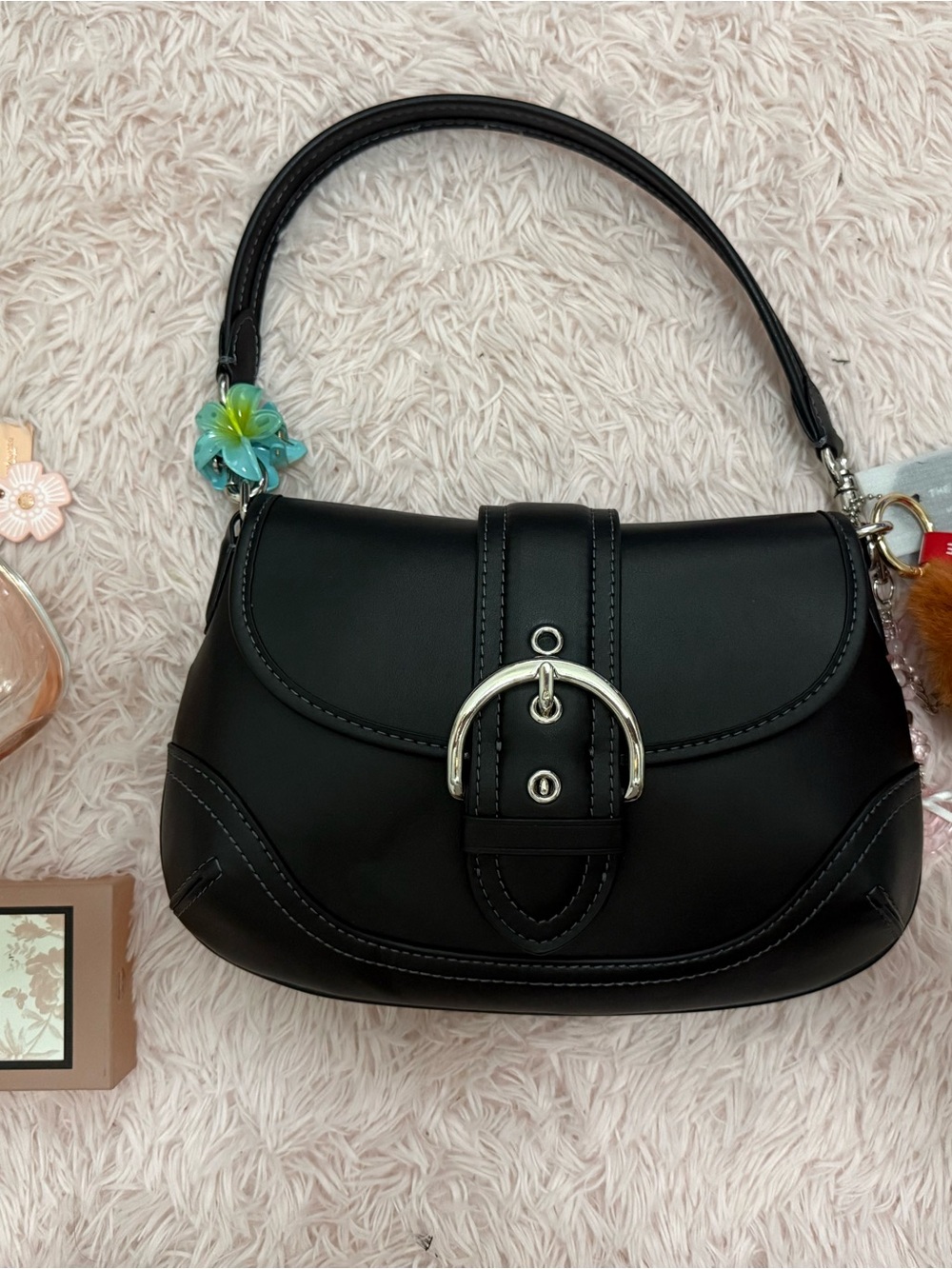 Coach Black Leather Shoulder Bag with Silver Buckle
